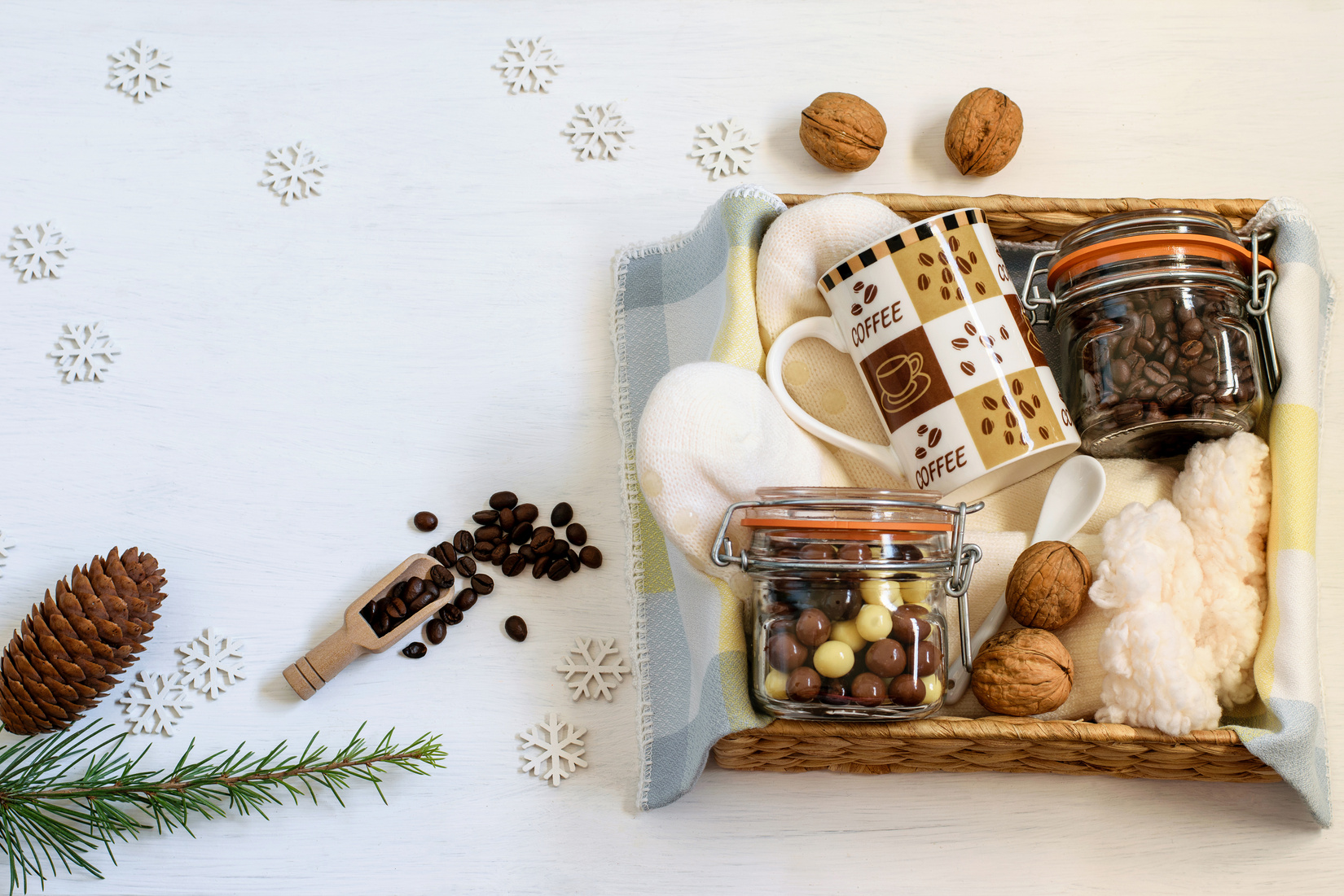 Gift Box with Mug and Coffee Beans Flatlay